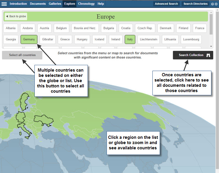 Screenshot of the chronology page zoomed into the 'Europe' region. This is found by clicking on 'Europe' at the top of the main chronology page or by selecting the region on the globe itself. Once on this page users can select individual countries found in the selected region by clicking on them in the map or by selecting them from the list at the top. Once countries have been selected, users can then click on the 'Search Collection' button in the top right-hand corner to find relevant document results in the main collection.